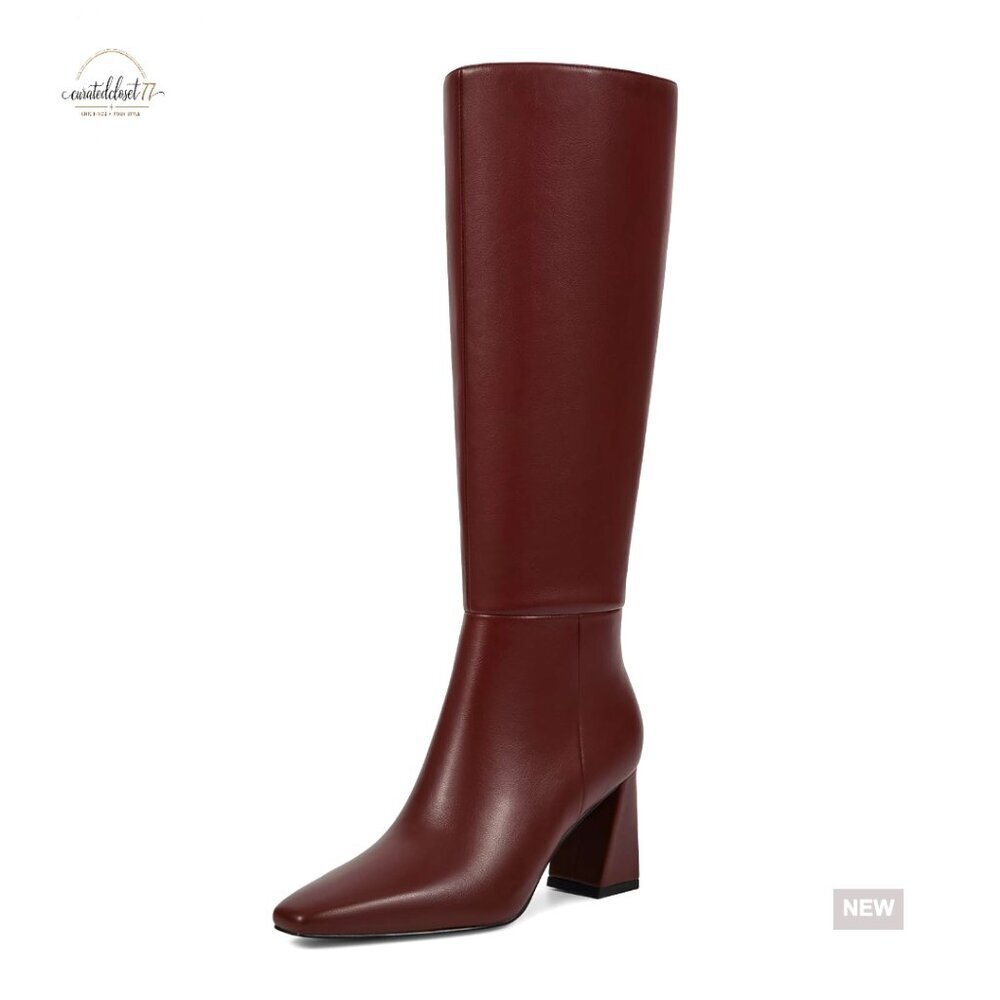 Women's Knee High Boots Chunky Low Heel Square Toe Faux Leather Side Zipper